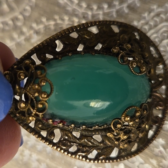 Vintage Czech Jade Glass Art Nouveau Gilt Gold Necklace - Picture 3 of 8